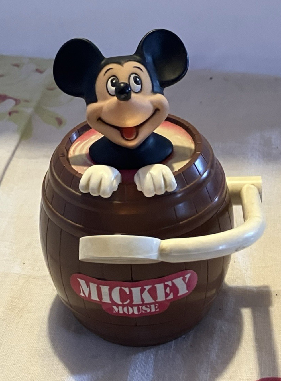 Vintage Japanese TOMY Disney Mickey Mouse Barrel Coin Bank w/ Crank WORKS